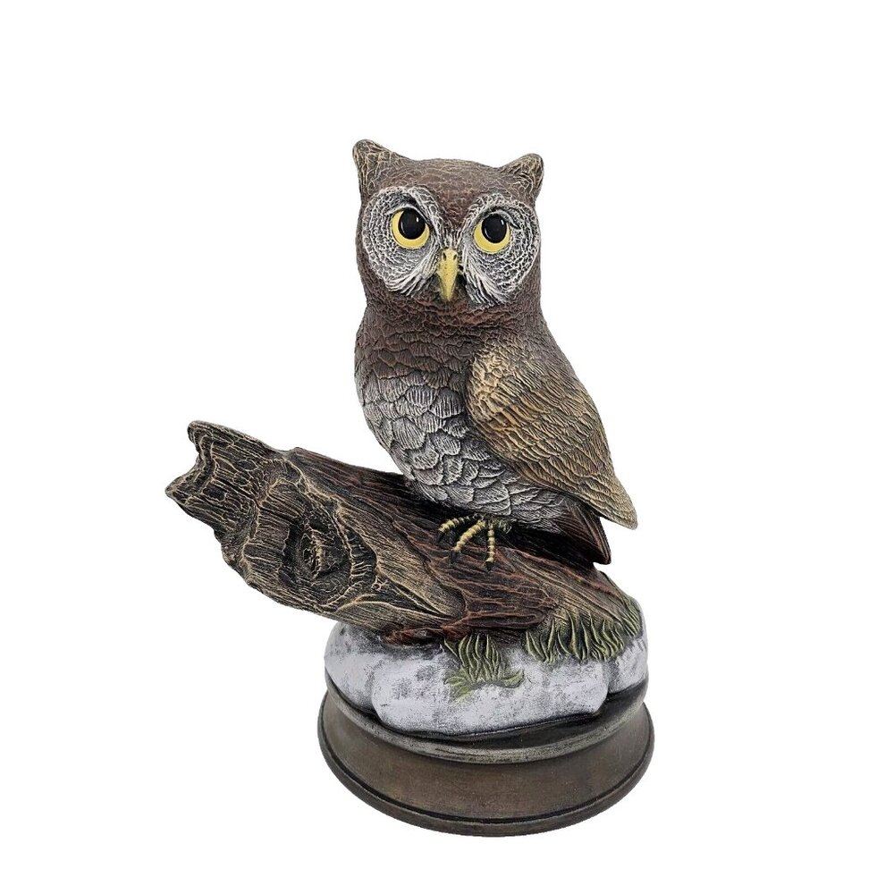 Vintage Ceramic Hoot Owl Perched Wood Log Hand Painted 80s Art Deco Figure MCM